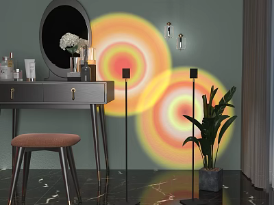 Modern Floor Lamp Projecting Colorful Light Circles in Bedroom Vanity Area with Green Plant 3d model