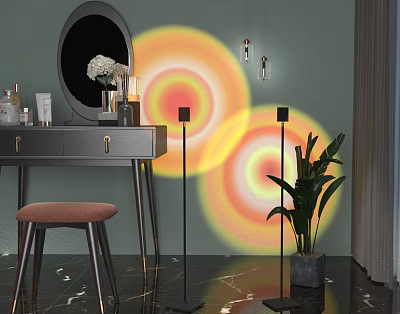 Modern Floor Lamp Projecting Colorful Light Circles in Bedroom Vanity Area with Green Plant 3d model