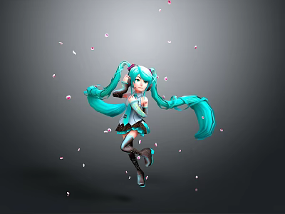 Game Anime Character With Teal Long Twin Tails Short Skirt Jumping Pose And Floating Petals 3d model