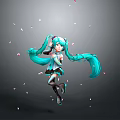 Game Anime Character With Teal Long Twin Tails Short Skirt Jumping Pose And Floating Petals