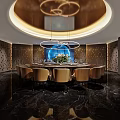 Luxurious Private Dining Room With Round Table Golden Chairs Modern Chandelier And Ceiling Lighting