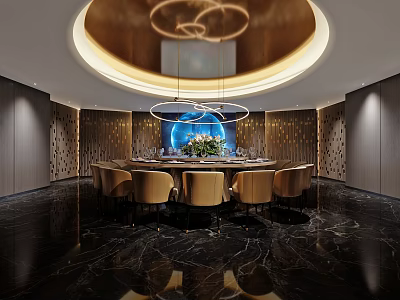 Luxurious Private Dining Room With Round Table Golden Chairs Modern Chandelier And Ceiling Lighting 3d model