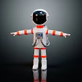 Man in White Astronaut Suit with Orange Stripes Helmet Backpack Outstretched Arms on Black Background