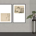 Traditional Chinese Paintings With Calligraphy And Landscape Art On Gray Wall With Potted Plant Stand