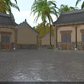 Ancient Chinese Architecture Courtyard View With Traditional Roof Wooden Doors and Palm Trees