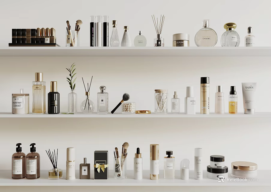 Stylish Perfume and Cosmetics Display on White Shelves with Various Bottles Jars and Beauty Tools 3d model 