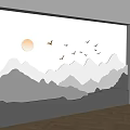 Modern Sofa Backdrop Wall With Layered Mountains Birds And Circular Decor 3d model