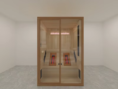 Modern Sauna Room With Wooden Structure Glass Door And Red Seats Interior 3d model
