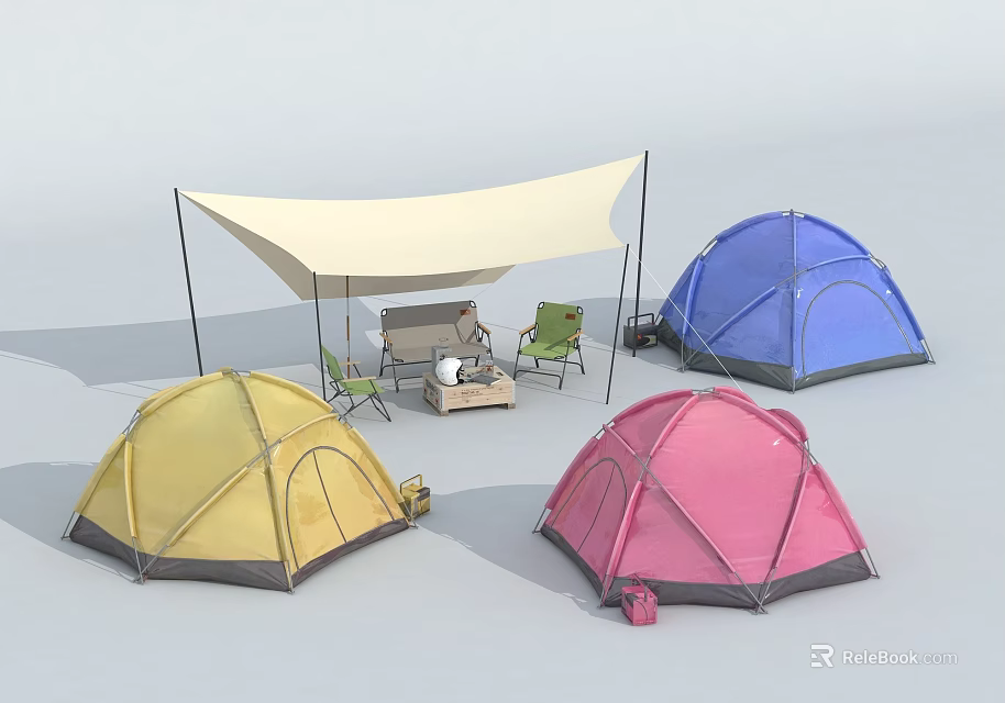 Colorful Camping Tents with White Canopy Tables and Chairs Setup 3d model 