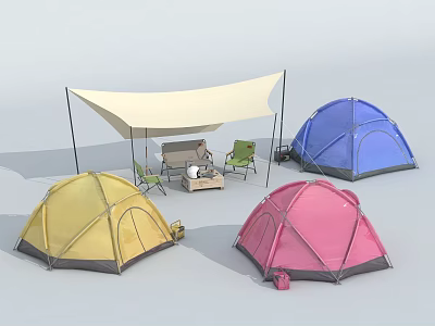 Colorful Camping Tents with White Canopy Tables and Chairs Setup 3d model