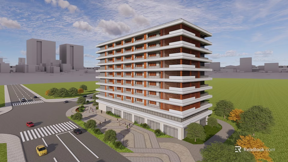 Modern Residential Multi Story Building With Balconies Greenery And Urban View 3d model 