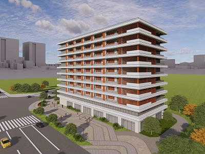 Modern Residential Multi Story Building With Balconies Greenery And Urban View 3d model