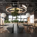 Modern Restaurant Interior With Wooden Chairs Hanging Pendant Lights And Green Plants