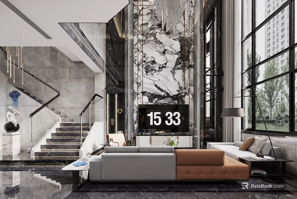Duplex Living Room Interior Design With Marble Wall Staircase Gray Brown Sofa And Large Windows 3d model 