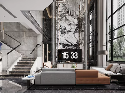 Duplex Living Room Interior Design With Marble Wall Staircase Gray Brown Sofa And Large Windows 3d model