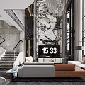 Duplex Living Room Interior Design With Marble Wall Staircase Gray Brown Sofa And Large Windows