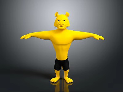Yellow Cartoon Feline Character Standing With Arms Outstretched Black Shorts Gray Background 3d model