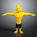 Yellow Cartoon Feline Character Standing With Arms Outstretched Black Shorts Gray Background