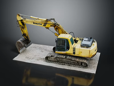 Komatsu Yellow Excavator With Tracks And Bucket On Display Platform 3d model