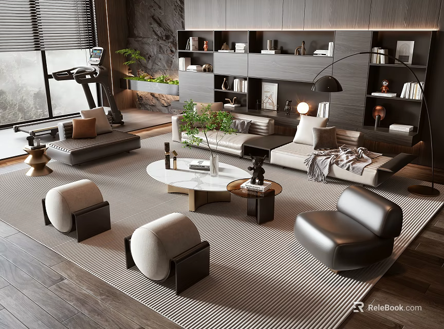 Modern Sofa Coffee Table Set With Leather Armchairs Wooden Shelves Green Plant And Floor Lamp 3d model 