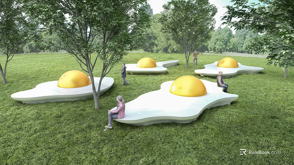 Egg Shaped Outdoor Chair on Green Grass Lawn with Trees and People Relaxing 3d model 