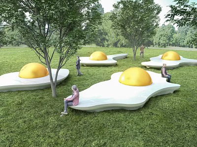 Egg Shaped Outdoor Chair on Green Grass Lawn with Trees and People Relaxing 3d model