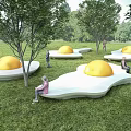 Egg Shaped Outdoor Chair on Green Grass Lawn with Trees and People Relaxing