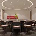 Elegant Modern Private Dining Room With Circular Ceiling Light Large Round Table And Upholstered Chairs 3d model