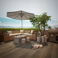Garden Landscape Featuring Wooden Deck Umbrella Sofa Stools Brick Wall And Lake View With Dog