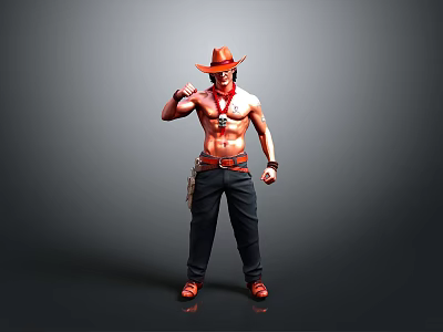 Shirtless Muscular Man In Cowboy Hat With Red Bandana Black Pants And Red Boots 3d model