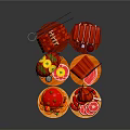 Fresh Raw Meat Selection With Sliced Meat Sausage Tomato And Noodles Arranged On Wooden Trays
