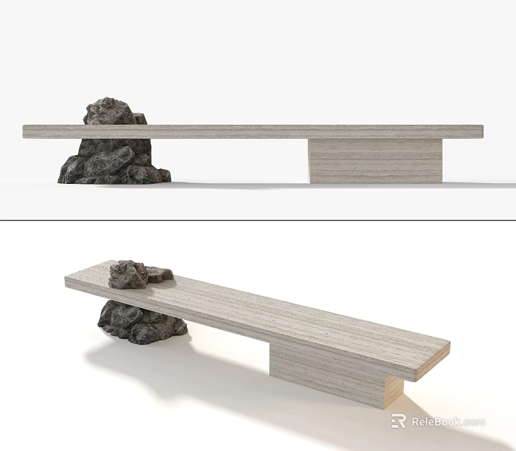 Modern Wooden Landscape Bench With Natural Rocks And Simple Design For Outdoor Garden 3d model 