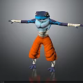 Anthropomorphic Blue Frog Character With Orange Pants And Blue Markings In Arms Outstretched Pose