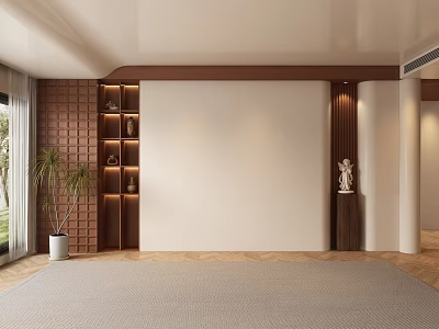 Modern Minimalist Sofa Background Wall With White Panel Brown Wooden Shelves And Brick Wall Accent 3d model