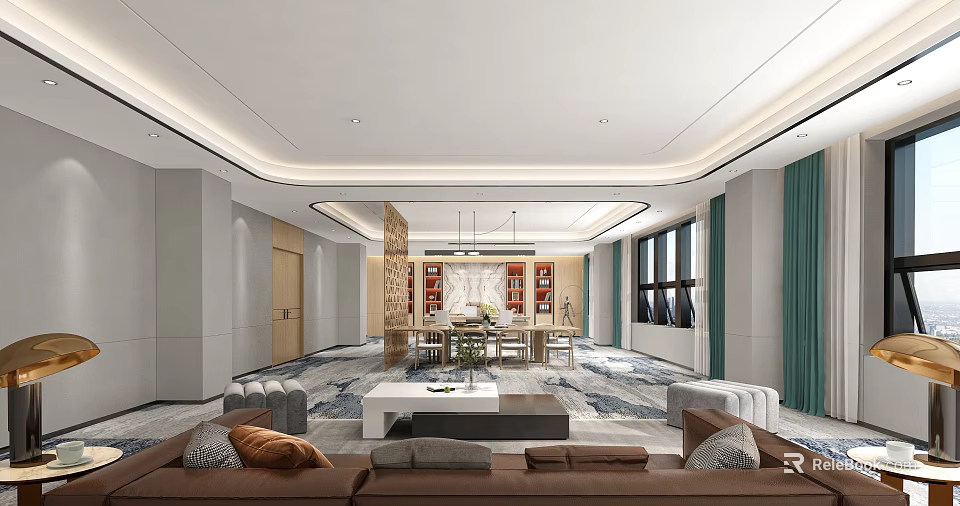 Modern Office Interior Design With Sofa Coffee Table Desk Bookshelf And Windows 3d model