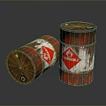 Old Rusty Barrels With Flammable Labels And Red Hazard Symbols On Dark Reflective Surface