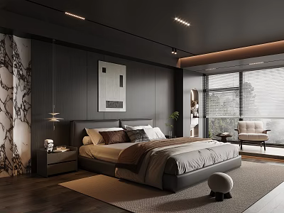 Modern Bedroom Interior Design With Dark Walls Bed Decorative Painting Pendant Light And Window Blinds 3d model