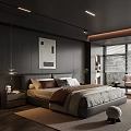 Modern Bedroom Interior Design With Dark Walls Bed Decorative Painting Pendant Light And Window Blinds
