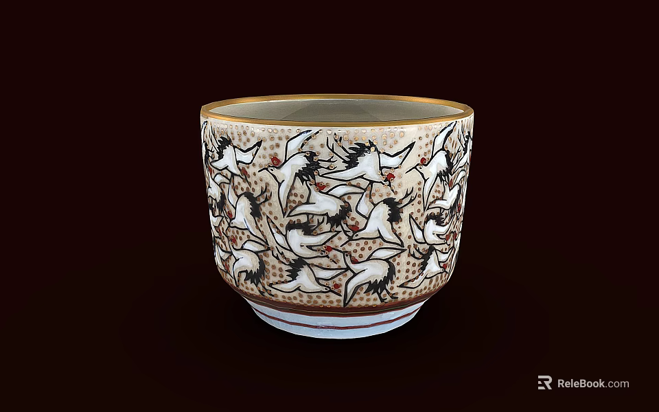 Traditional Decorative Cup With Crane Pattern And Gold Rim Design 3d model 