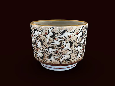 Traditional Decorative Cup With Crane Pattern And Gold Rim Design 3d model