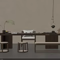 Modern Wooden Dining Table Set With Round Stools Bench Plants Tea Set And Pendant Light