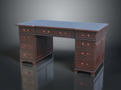 Dark Wooden Office Desk With Multiple Drawers Brass Handles And Traditional Design Classic Finish 3d model