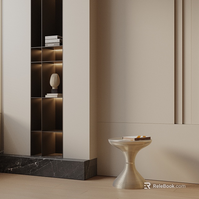 Elegant Silver Side Table With Books And Decorative Item By Lit Shelving Unit And Beige Wall 3d model 