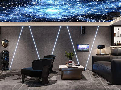 Home Theater Interior With Starry Ceiling Gray Walls Linear Lighting Black Sofa TV And Speakers 3d model