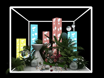 Colorful Photo Spot With Patterned Pillars Green Plants And Decorative Balls 3d model