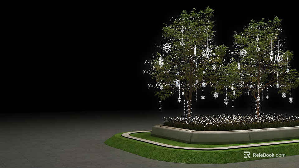 Arbor Trees Decorated With Snowflake Ornaments In Circular Flower Bed And Green Lawn 3d model 