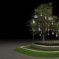 Arbor Trees Decorated With Snowflake Ornaments In Circular Flower Bed And Green Lawn