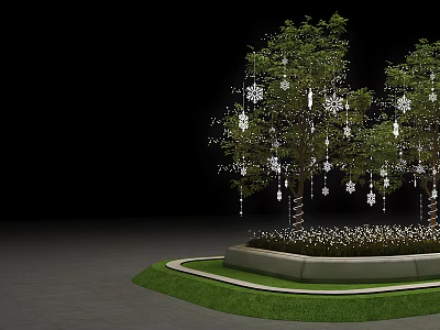 Arbor Trees Decorated With Snowflake Ornaments In Circular Flower Bed And Green Lawn 3d model