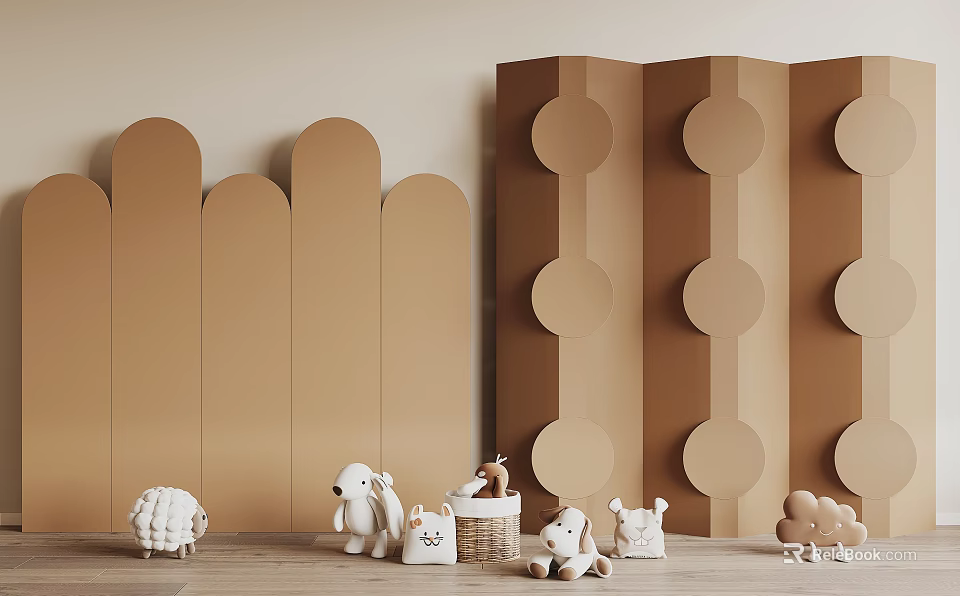 Brown Room Divider With Curved Panels Circular Motifs And Small Animal Toys 3d model 