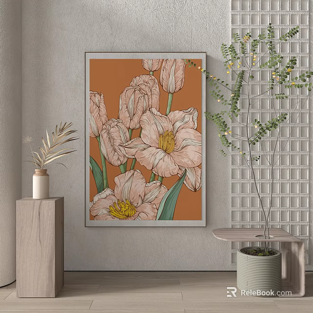 Botanical Painting with Pink Tulips and Green Leaves on Orange Background in Minimalist Room Decor 3d model 
